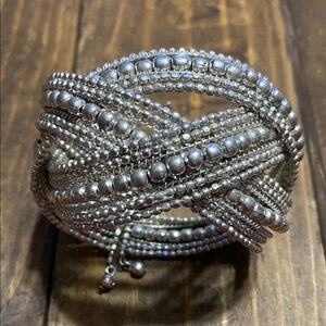 Silver Beaded Braided Cuff Bracelet